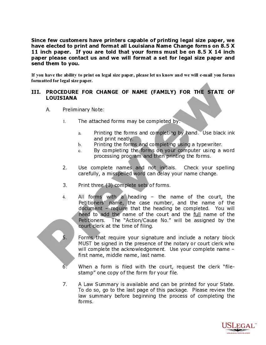Preview Louisiana Name Change Instructions and Forms Package for a Family