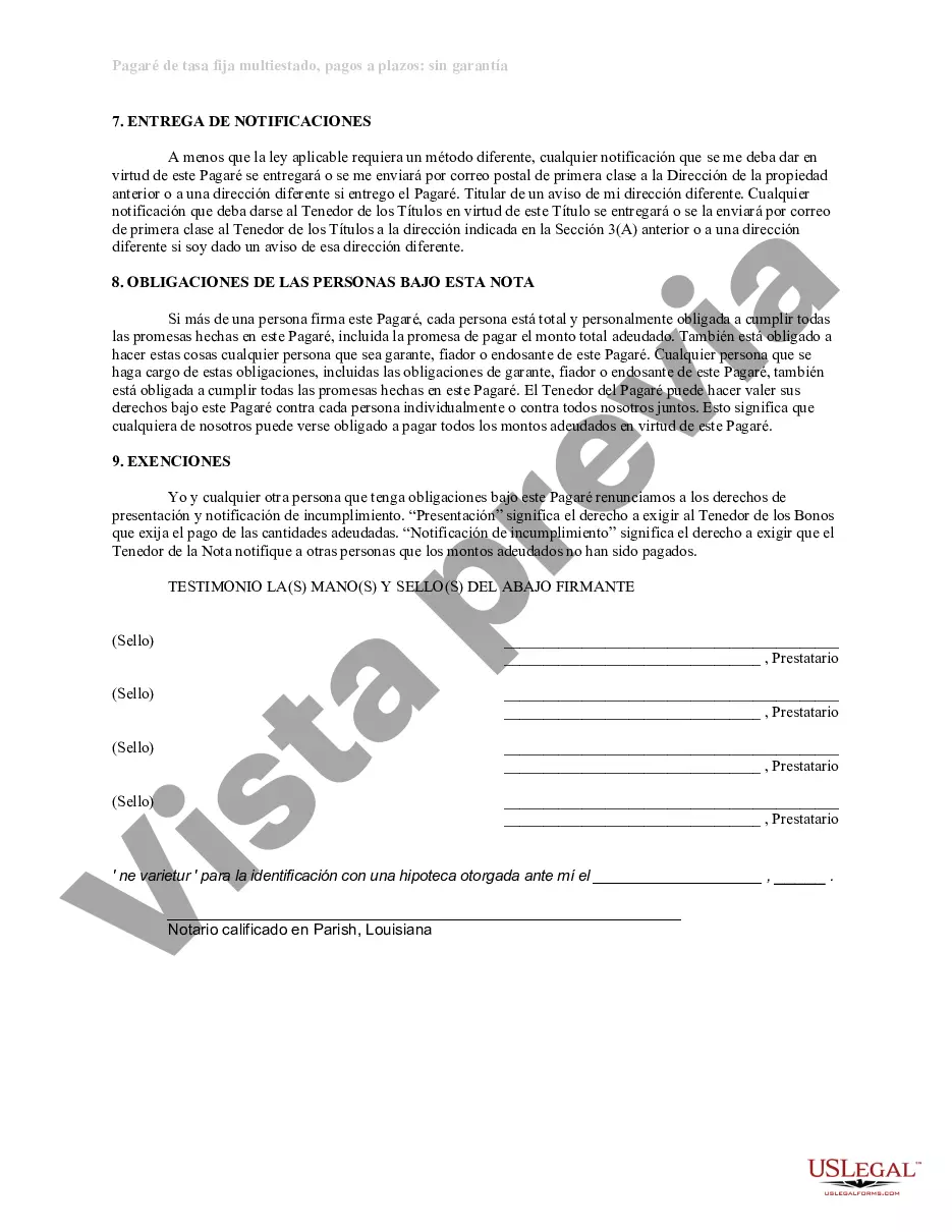 Preview Pagaré de pago a plazos no garantizado de Luisiana para tasa fija