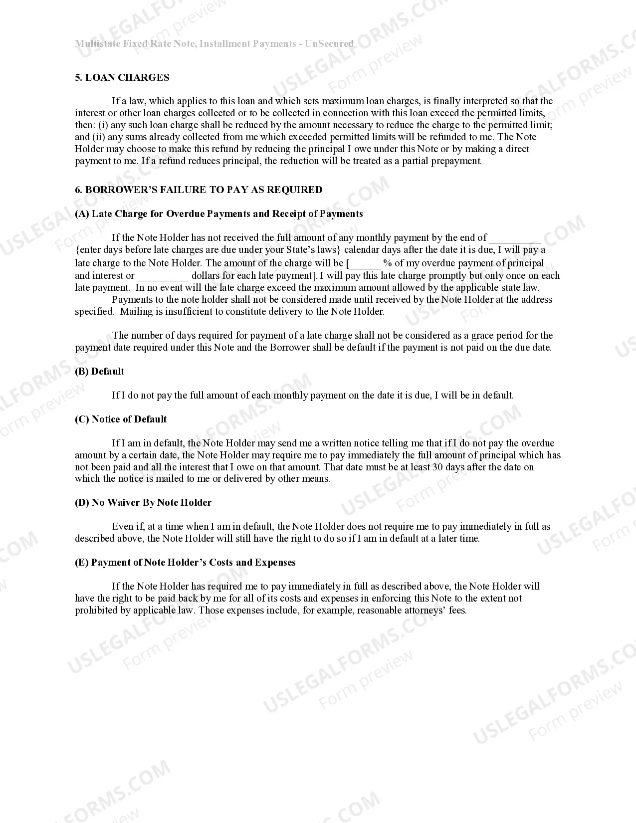 Preview Louisiana Unsecured Installment Payment Promissory Note for Fixed Rate