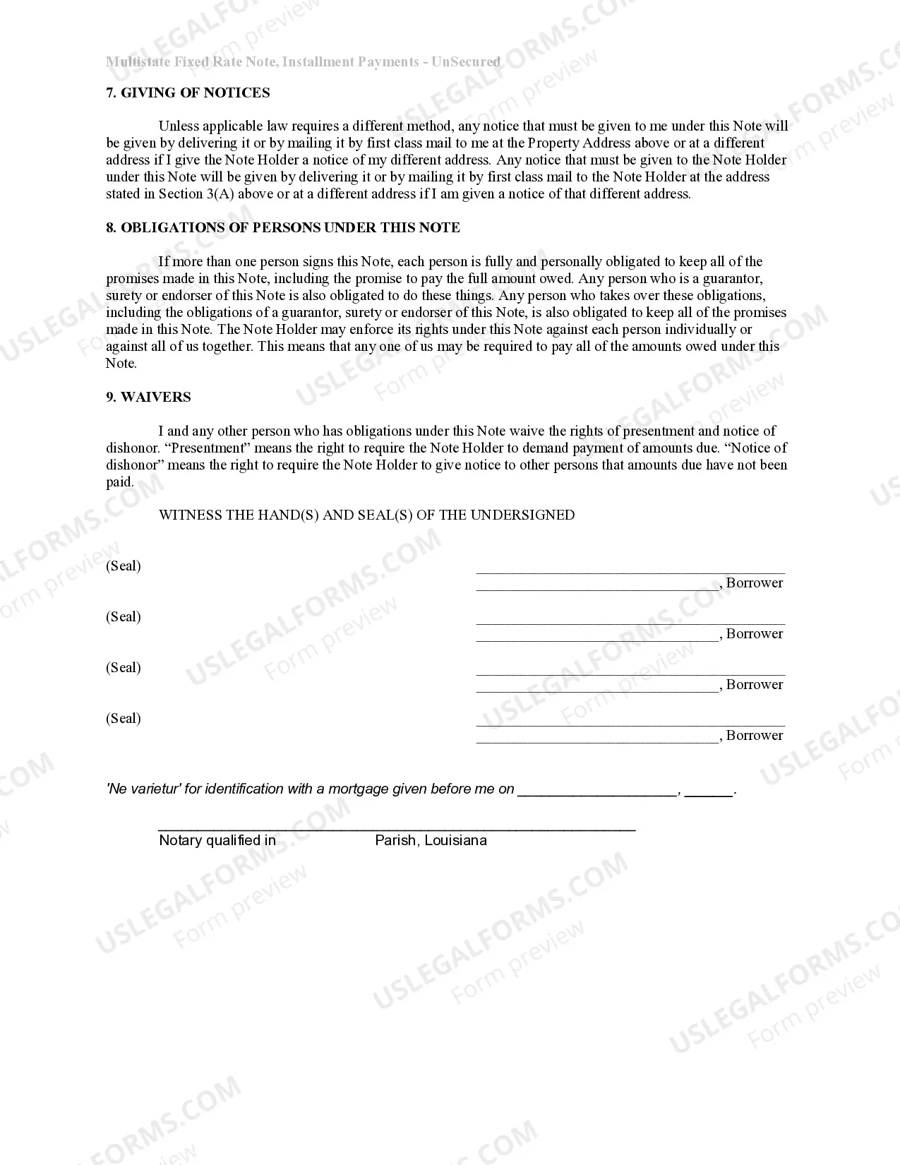 Preview Louisiana Unsecured Installment Payment Promissory Note for Fixed Rate