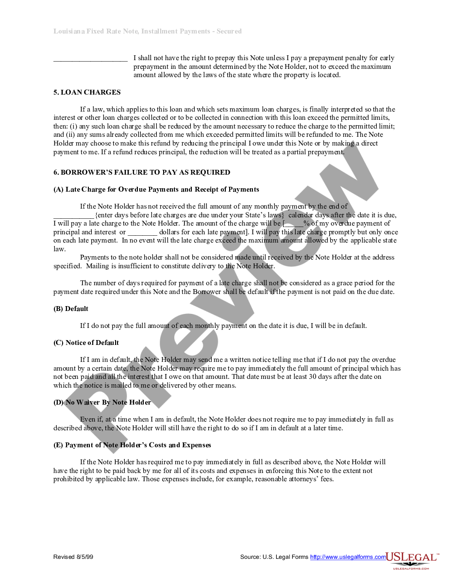 form Louisiana Installments Fixed Rate Promissory Note Secured by Residential Real Estate preview