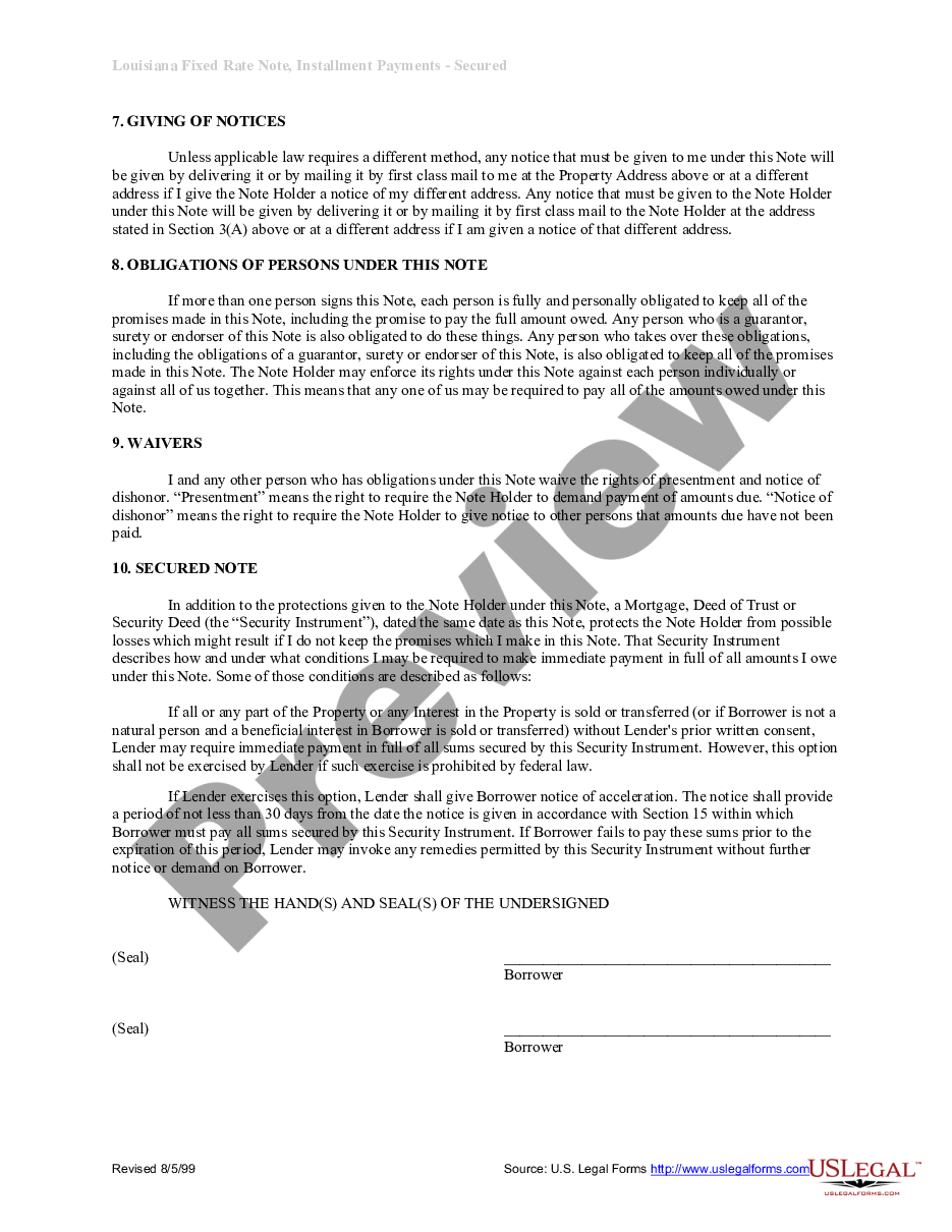 form Louisiana Installments Fixed Rate Promissory Note Secured by Residential Real Estate preview