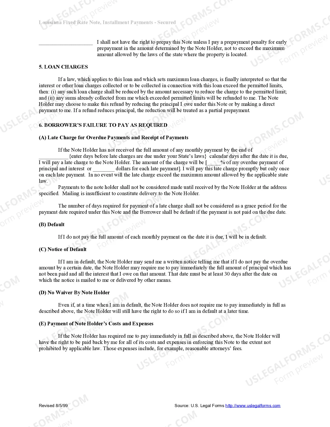 Preview Louisiana Installments Fixed Rate Promissory Note Secured by Residential Real Estate