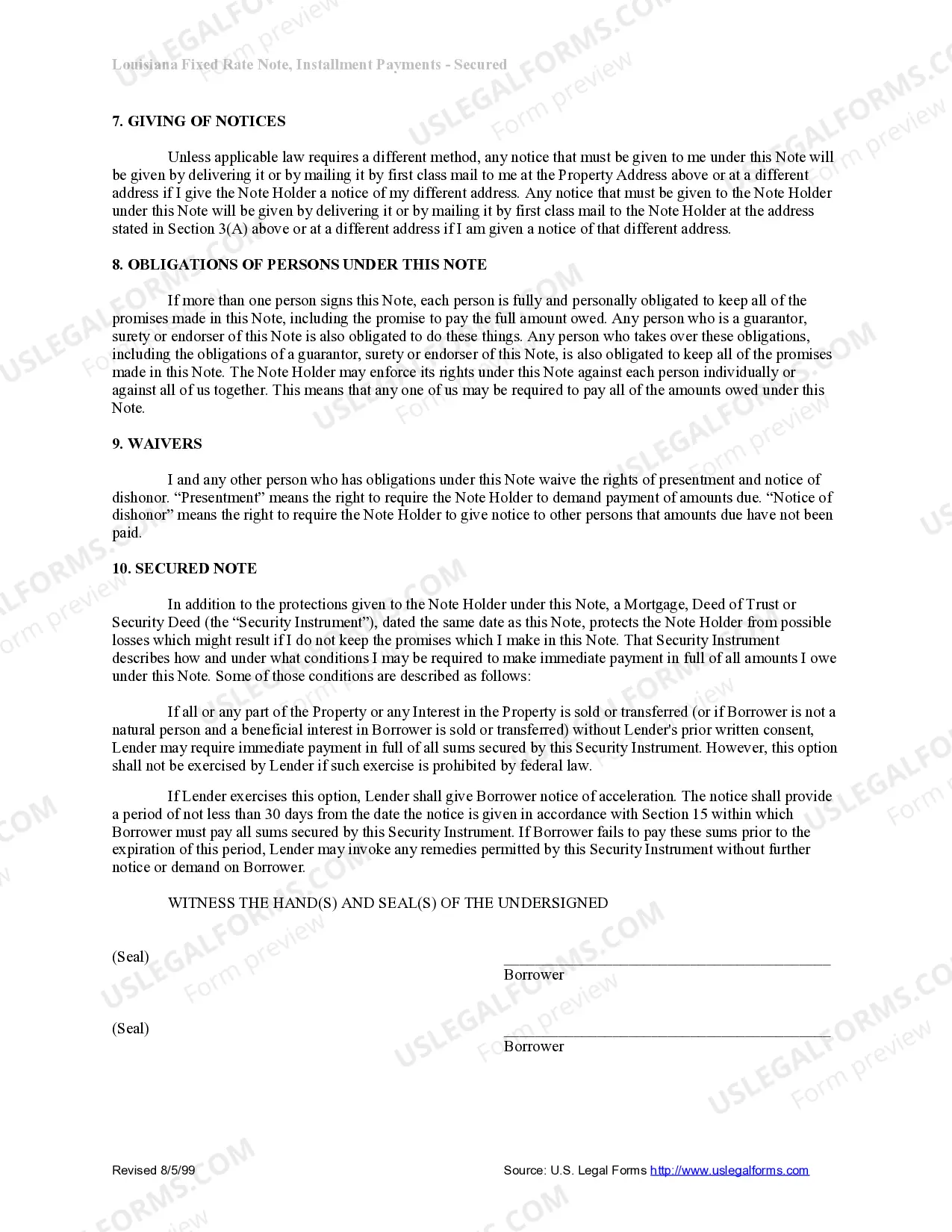 Preview Louisiana Installments Fixed Rate Promissory Note Secured by Residential Real Estate