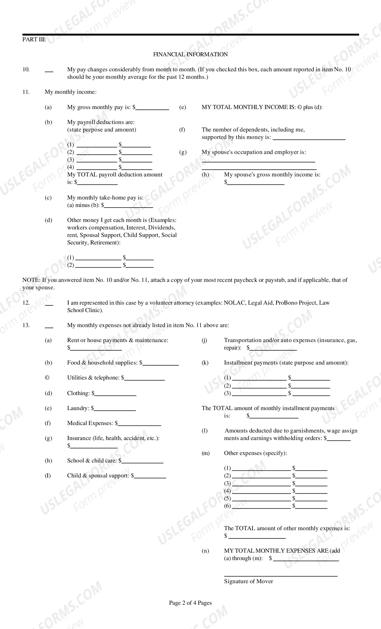 Preview Forma Pauperis Application