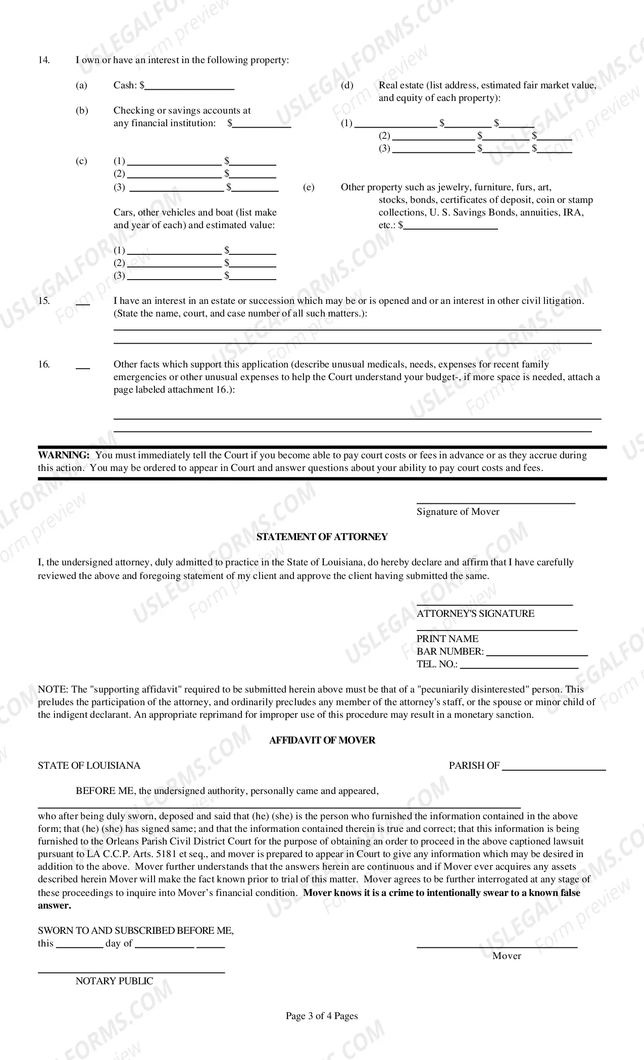 Preview Forma Pauperis Application