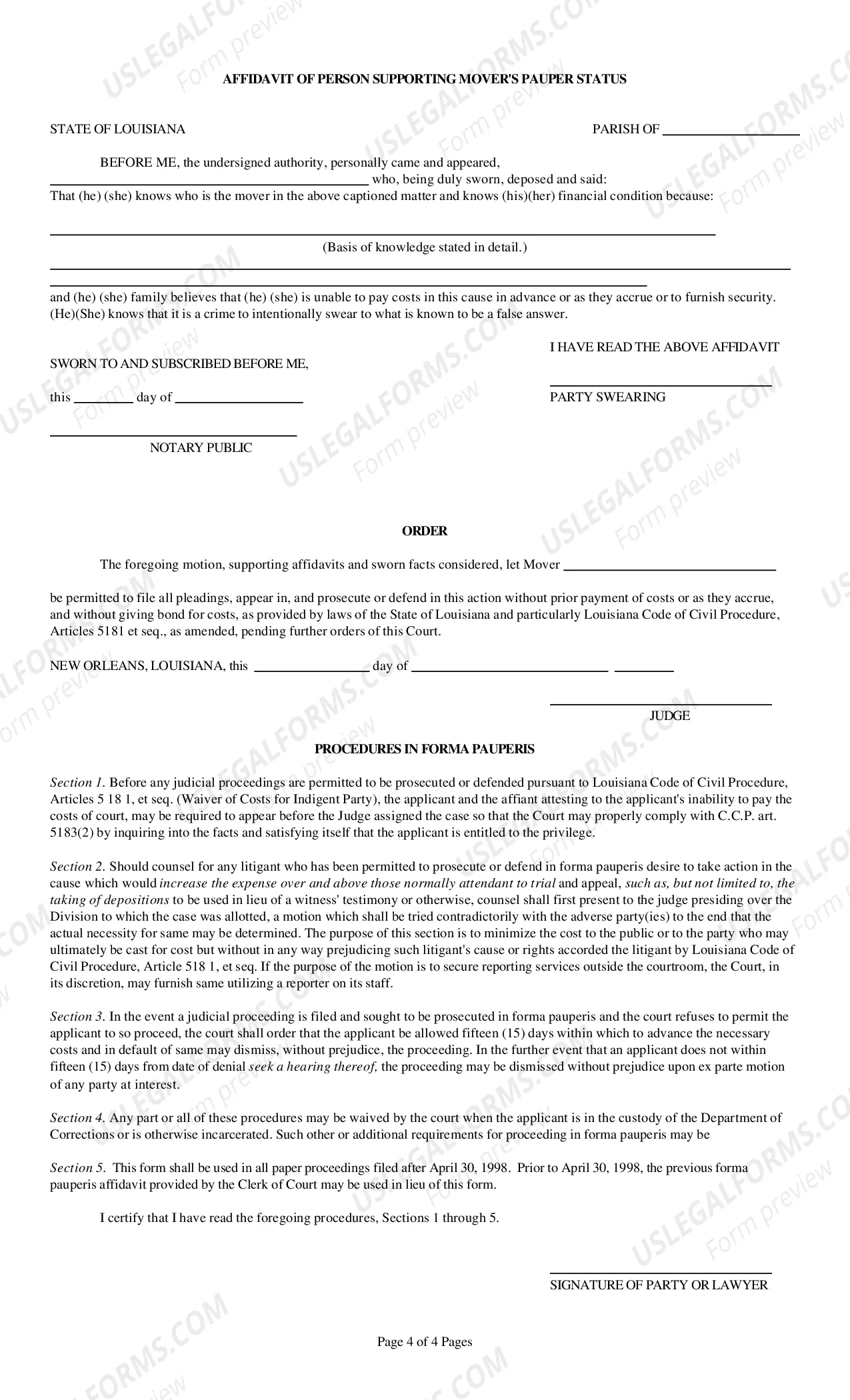 Preview Forma Pauperis Application