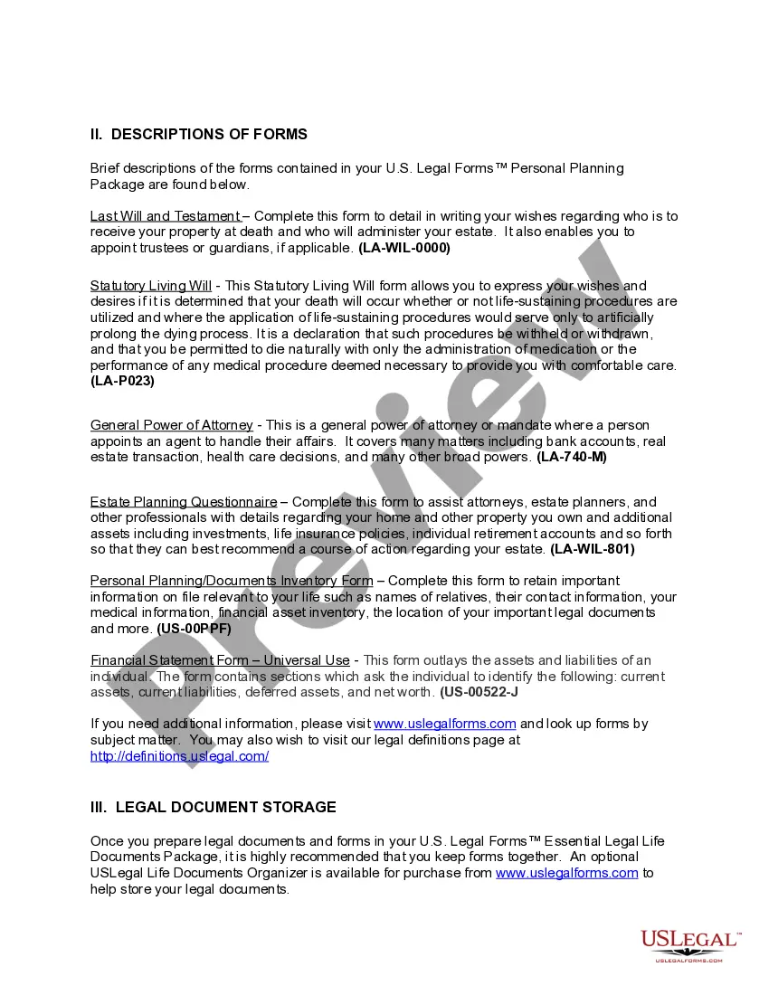 Preview Louisiana Life Documents Planning Package, including Will, Power of Attorney and Living Will