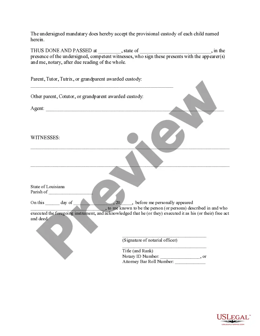 Preview Statutory General Power of Attorney for Care and Custody of Child or Children - Provisional Custody by Mandate