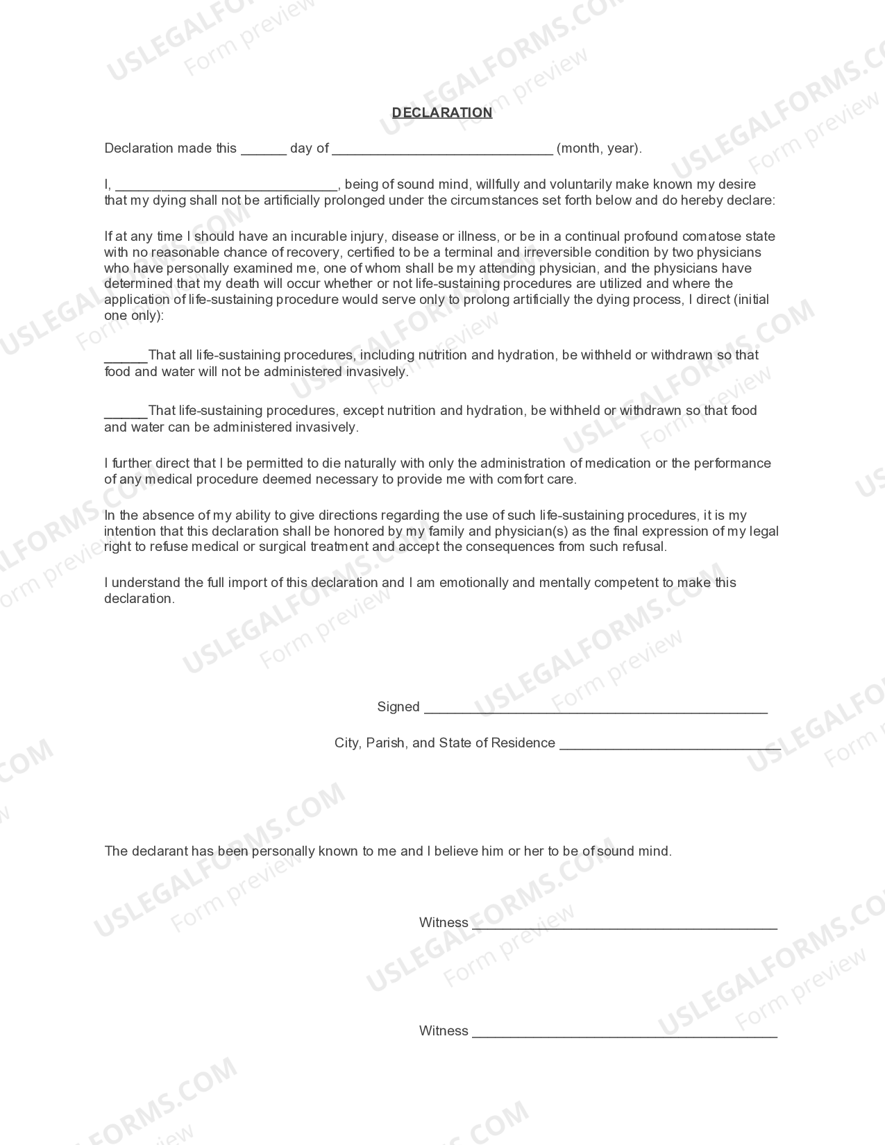 Louisiana Statutory Living Will - Living Will Louisiana | US Legal Forms