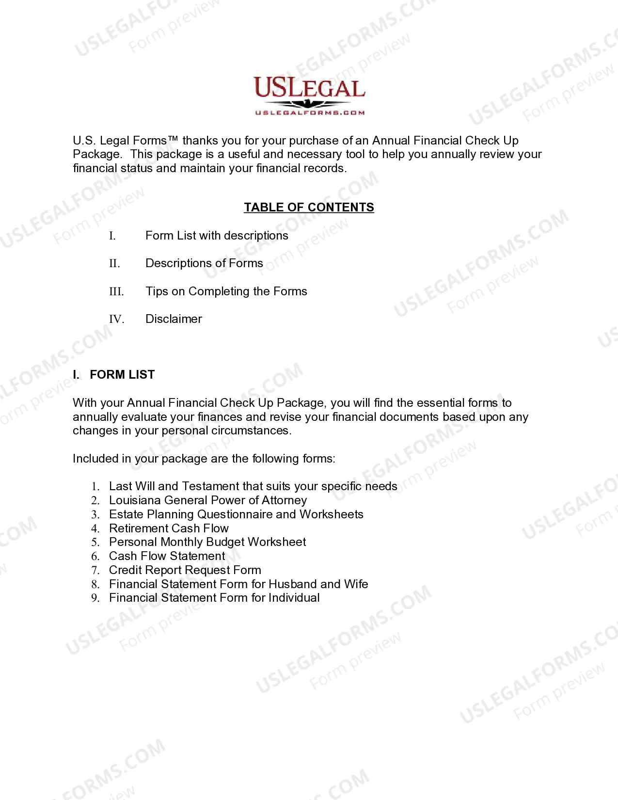 Preview Louisiana Annual Financial Checkup Package