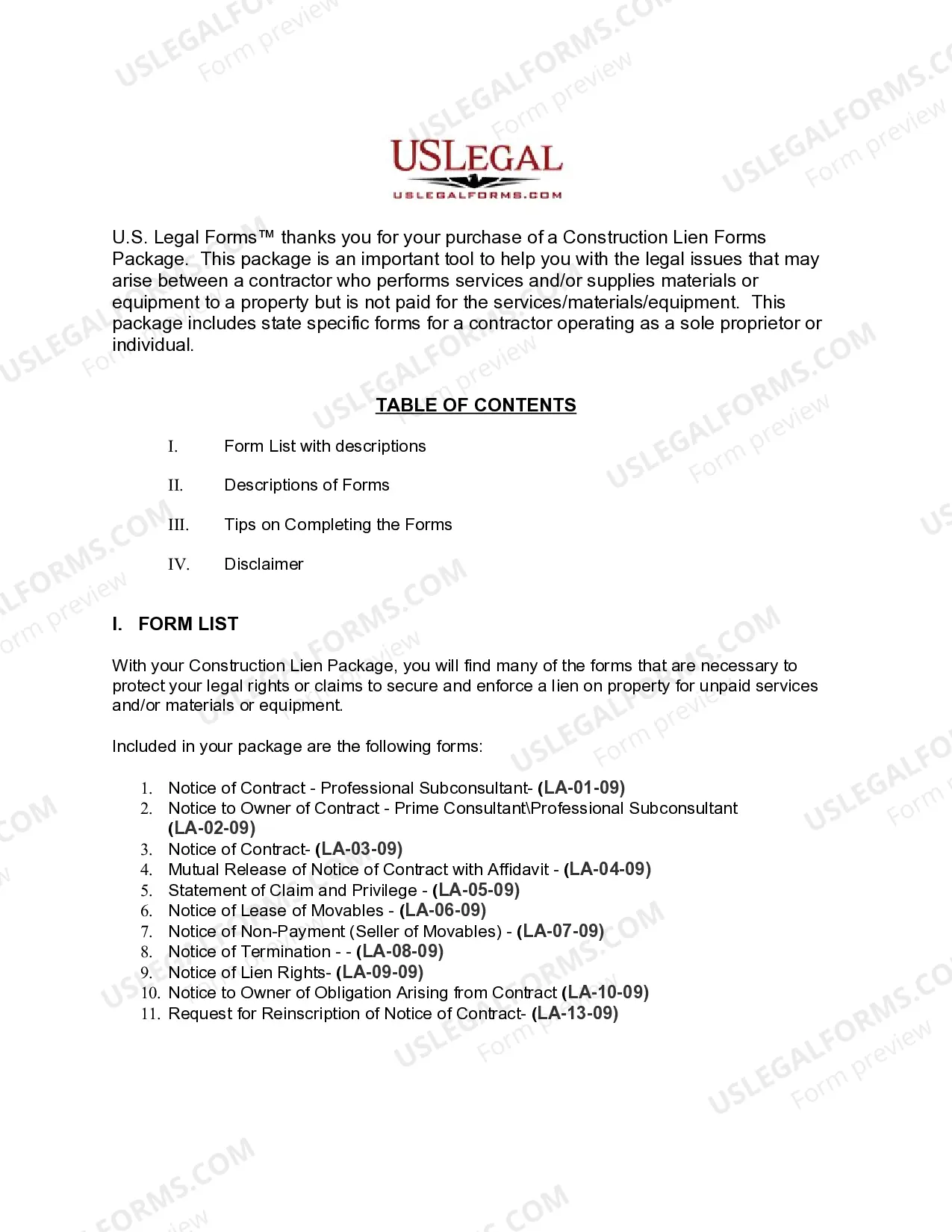 Preview Louisiana Construction or Mechanics Lien Package - Individual