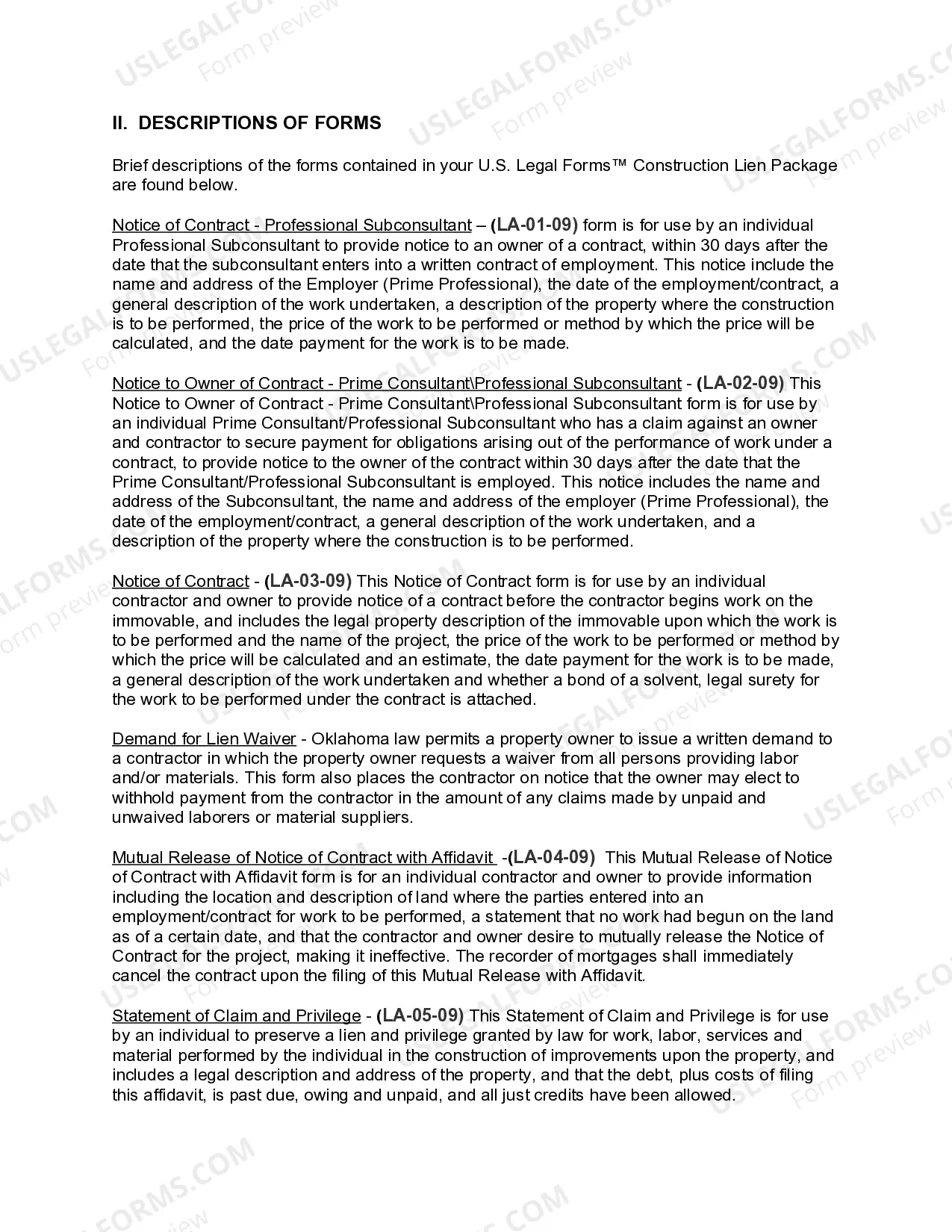 Preview Louisiana Construction or Mechanics Lien Package - Individual