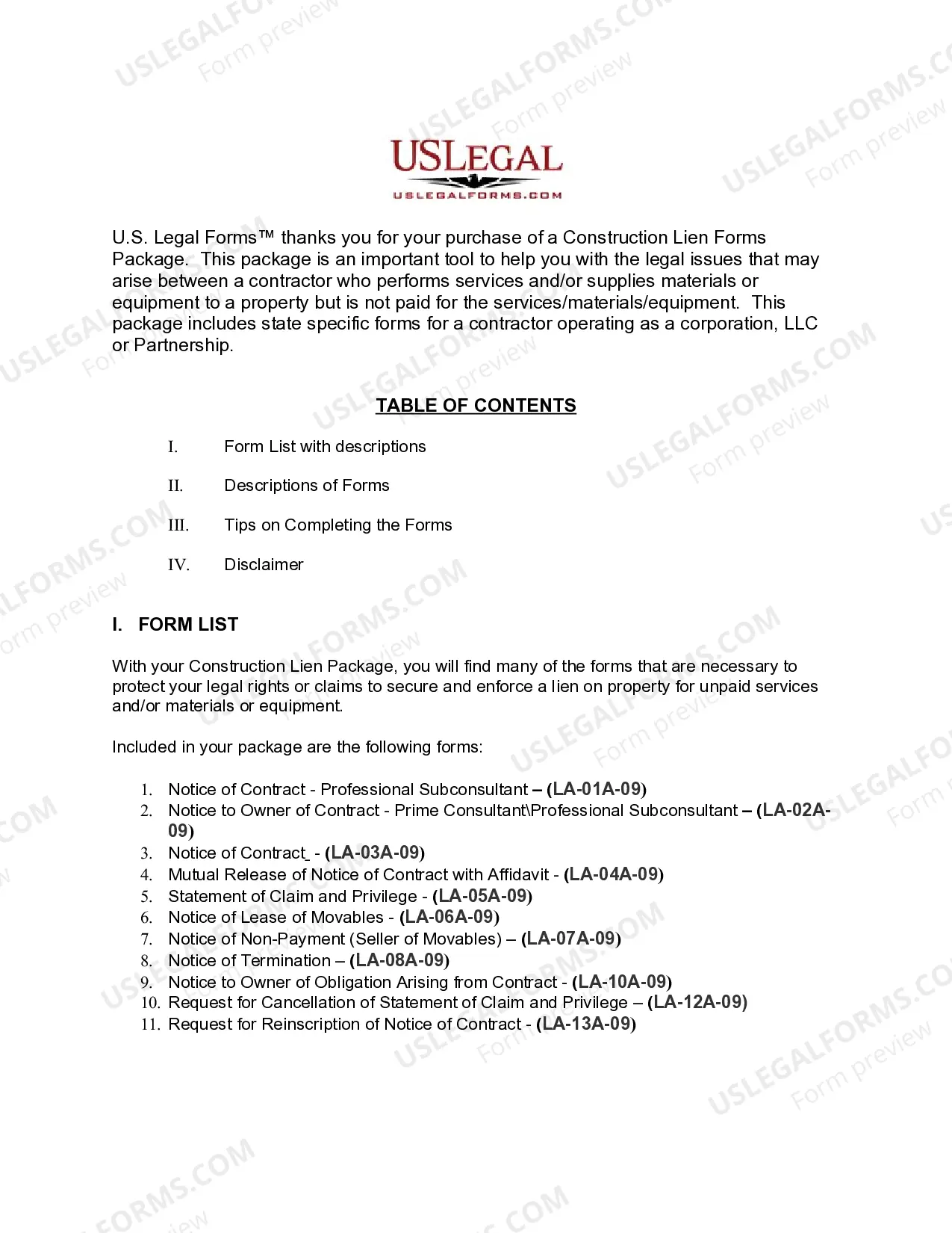 Preview Louisiana Construction or Mechanics Lien Package - Corporation or LLC