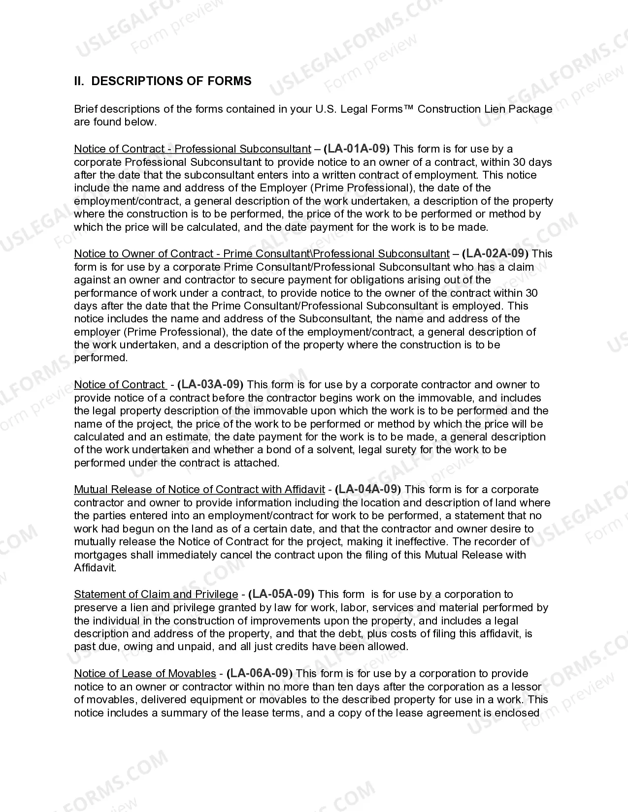 Preview Louisiana Construction or Mechanics Lien Package - Corporation or LLC