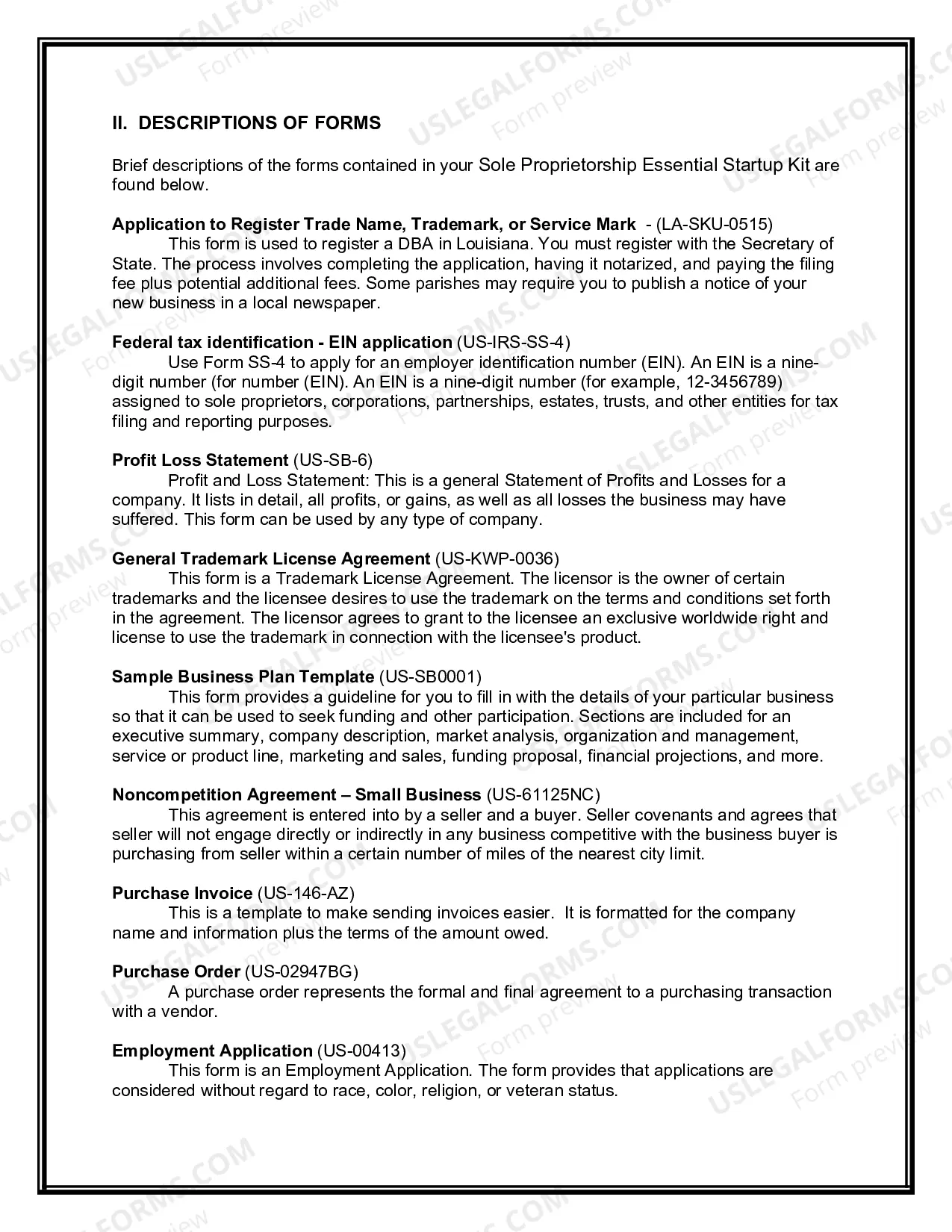 Preview Louisiana Sole Proprietorship Essential Startup Kit