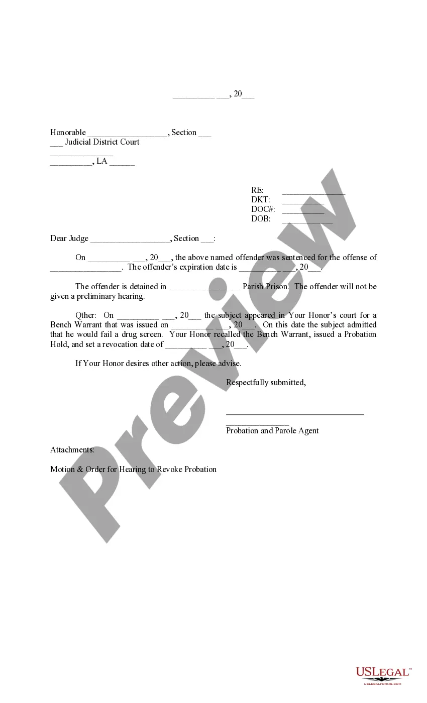 Preview Motion and Order for Hearing to Revoke Probation