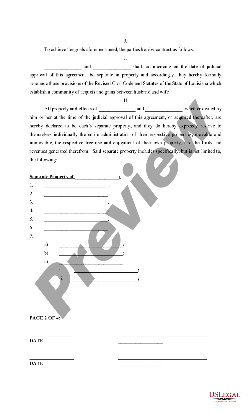 Louisiana Separate Property Agreement Form For Sale US Legal Forms