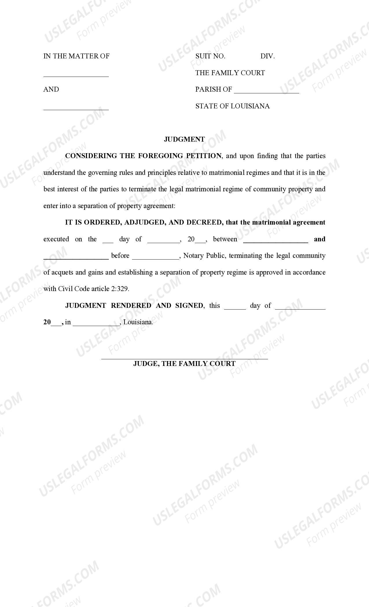 Louisiana Judgment Establishing a Separation of Property Regime US