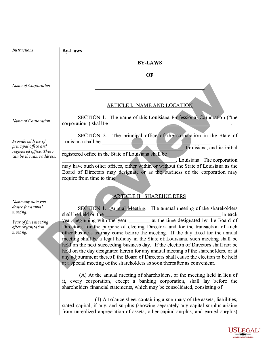 page 1 Sample Bylaws for a Louisiana Professional Corporation preview