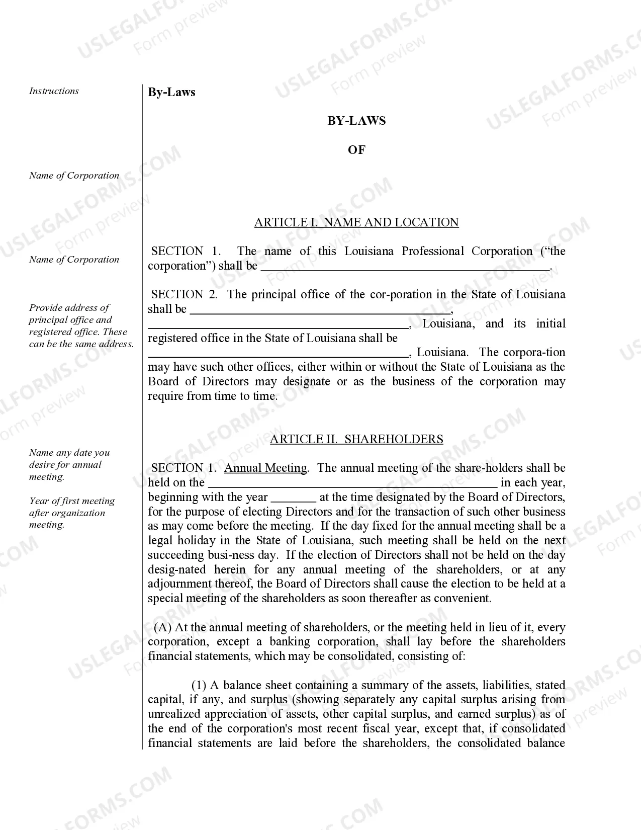 Preview Sample Bylaws for a Louisiana Professional Corporation