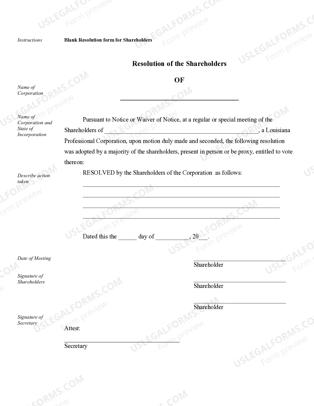 Preview Sample Corporate Records for a Louisiana Professional Corporation