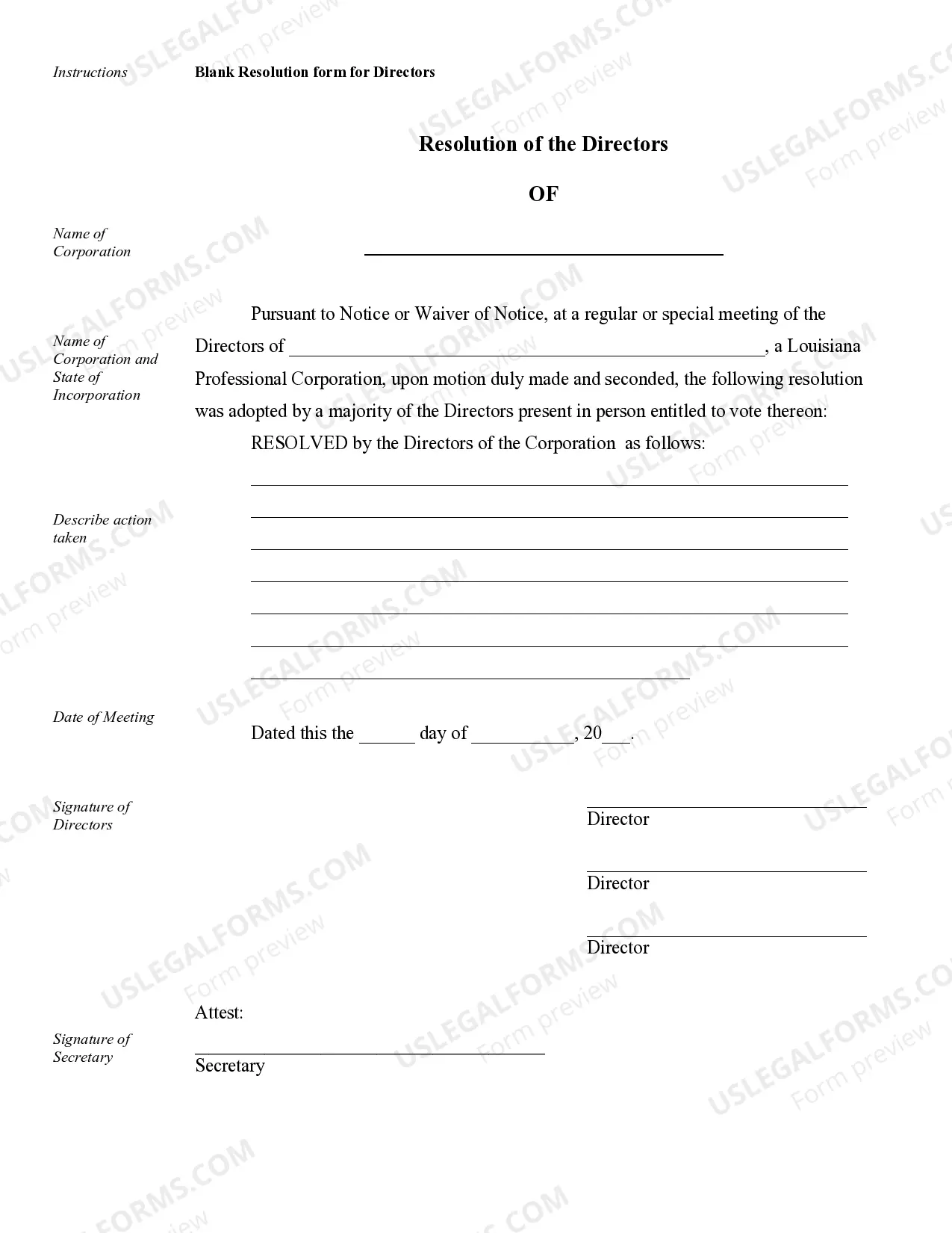 Preview Sample Corporate Records for a Louisiana Professional Corporation