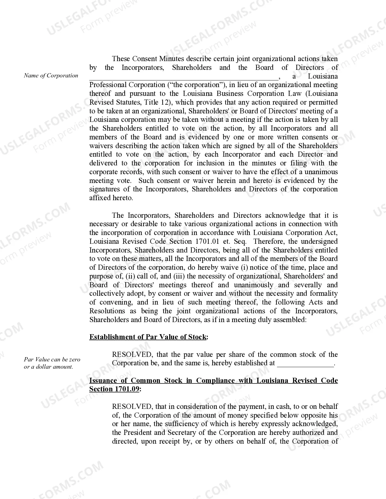 Preview Sample Organizational Minutes for a Louisiana Professional Corporation