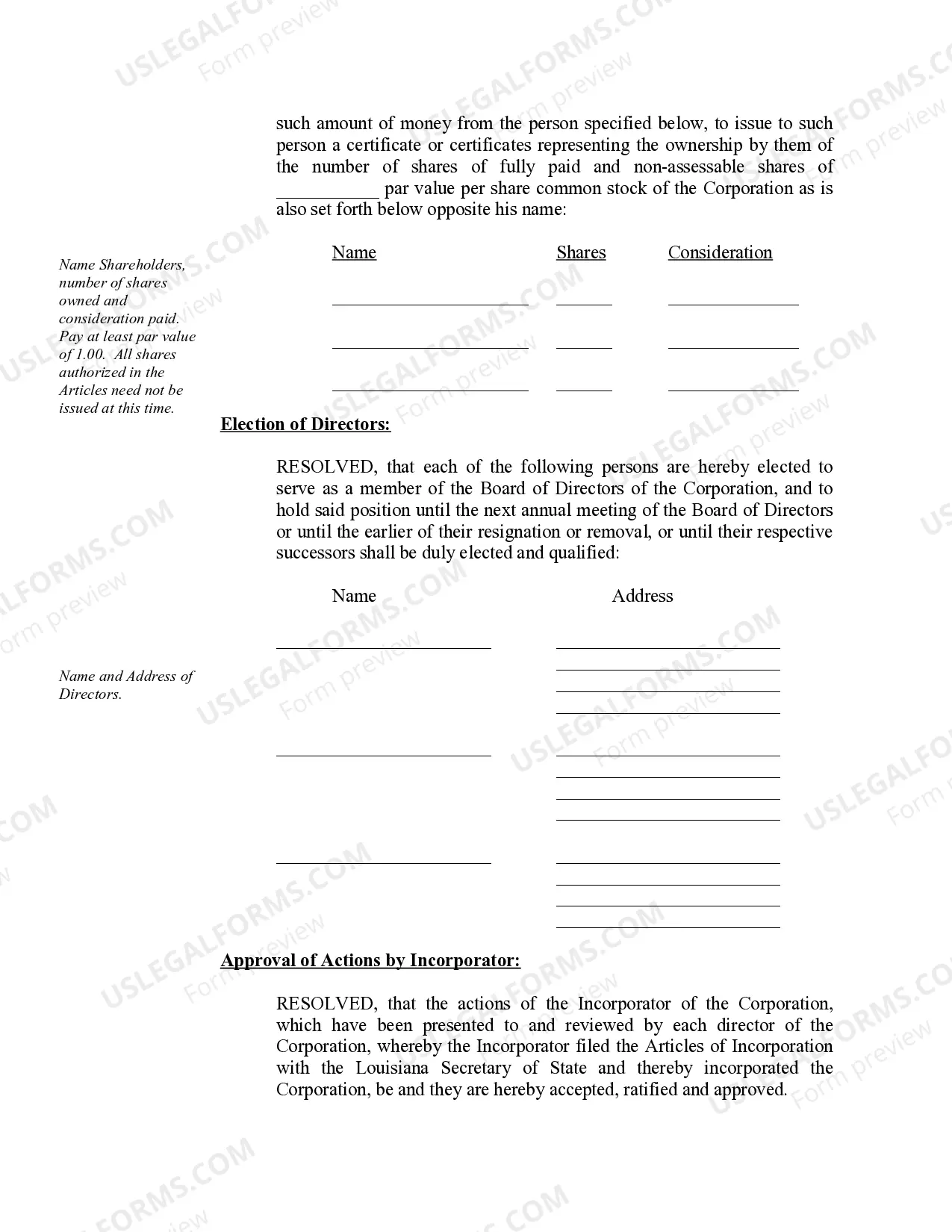 Preview Sample Organizational Minutes for a Louisiana Professional Corporation