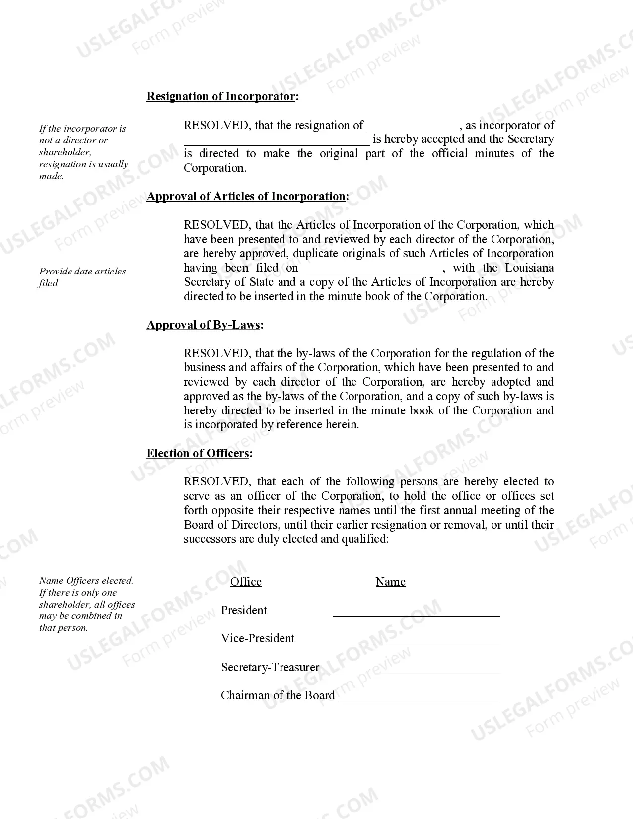 Preview Sample Organizational Minutes for a Louisiana Professional Corporation