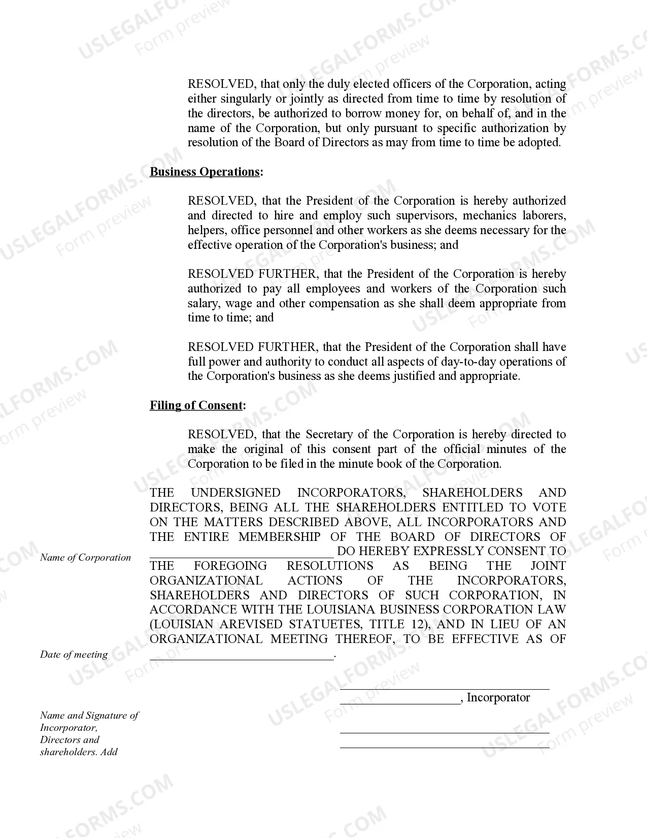 Preview Sample Organizational Minutes for a Louisiana Professional Corporation