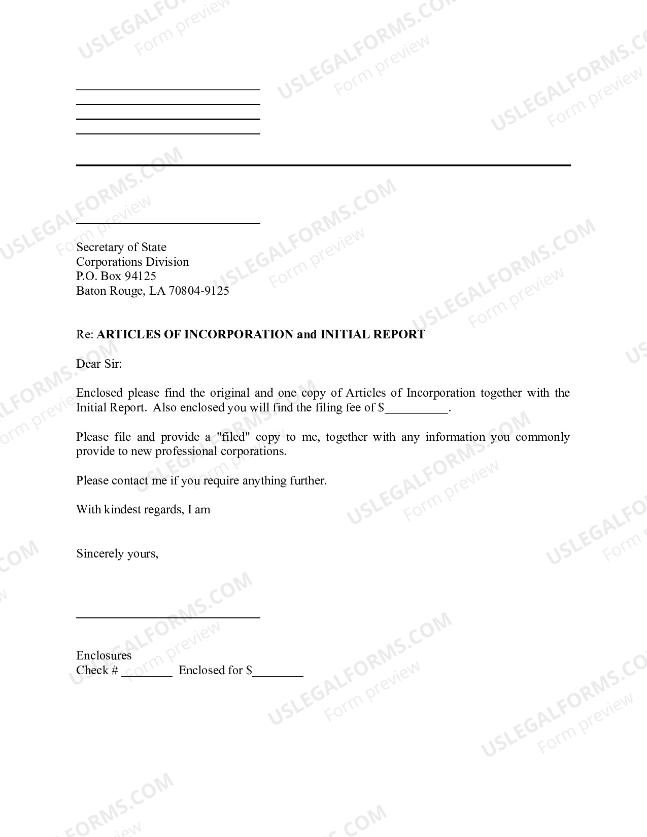 Louisiana Sample Transmittal Letter for Articles of Incorporation US