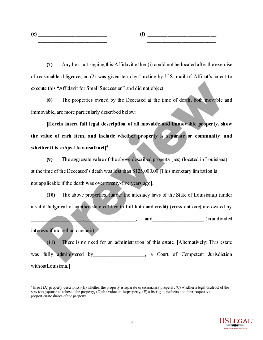 Louisiana Affidavit of Small Succession US Legal Forms