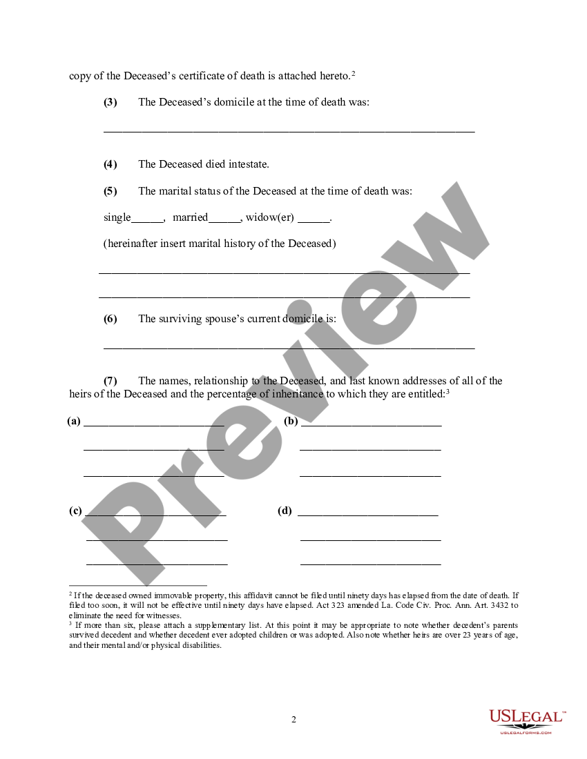 Louisiana Affidavit Of Small Succession Louisiana Small Succession Affidavit Us Legal Forms 