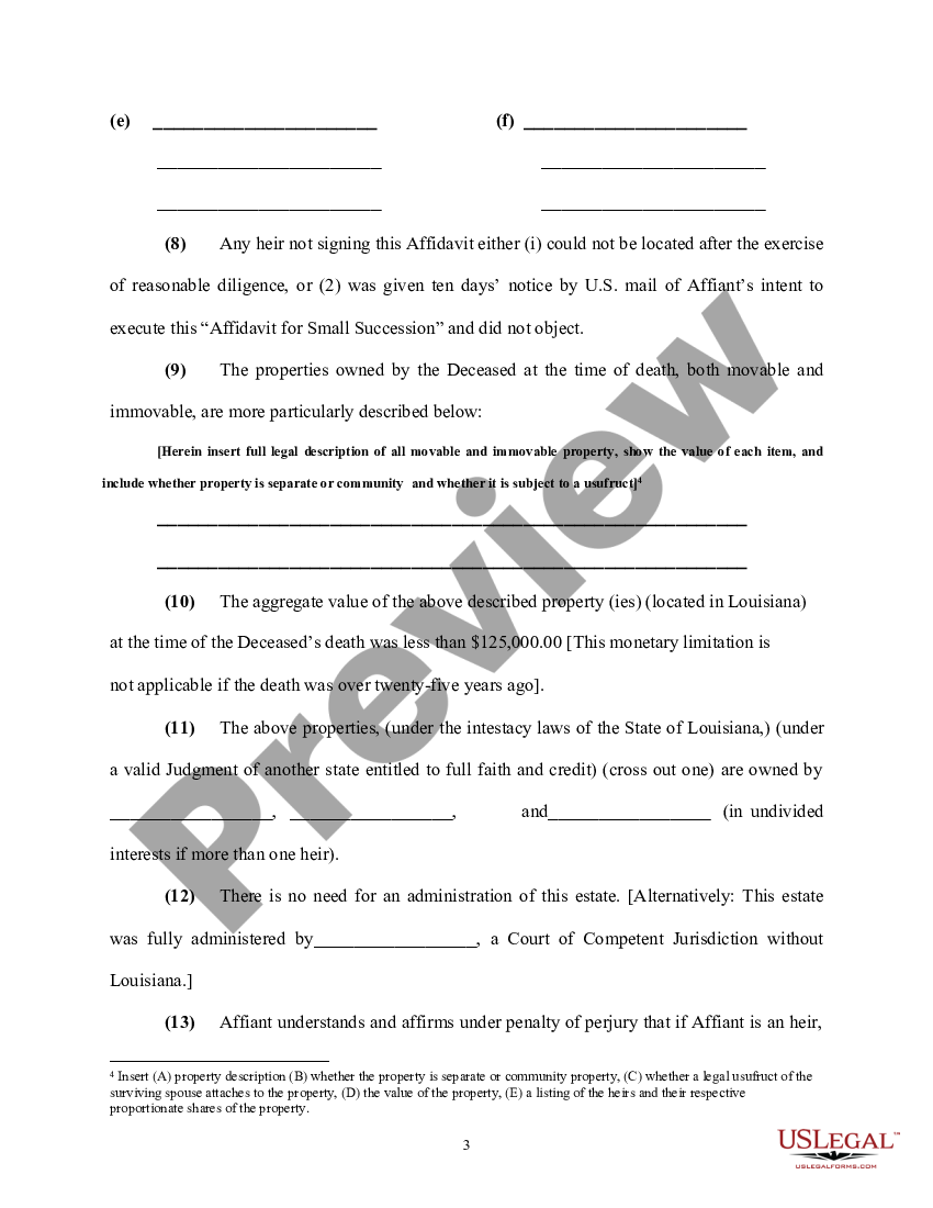 Louisiana Affidavit of Small Succession - Louisiana Small Succession ...