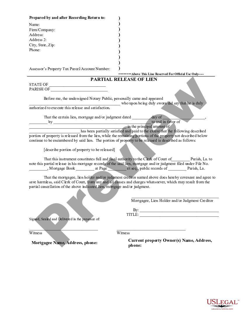 Louisiana Partial Release of Property From Mortgage by Individual ...