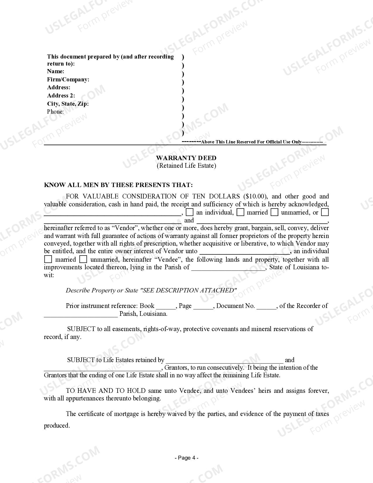 Louisiana Warranty Deed for Parents to Child with Reservation of Life Estate US Legal Forms