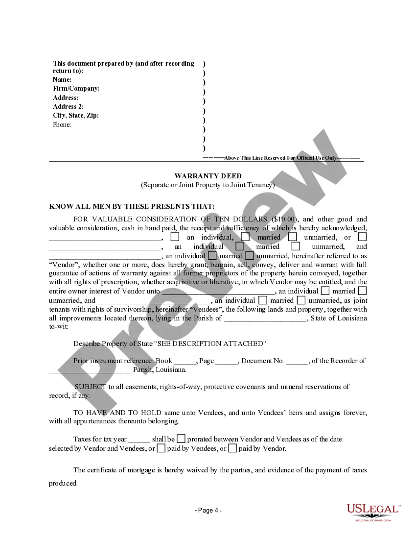Preview Warranty Deed for Separate or Joint Property to Joint Tenancy