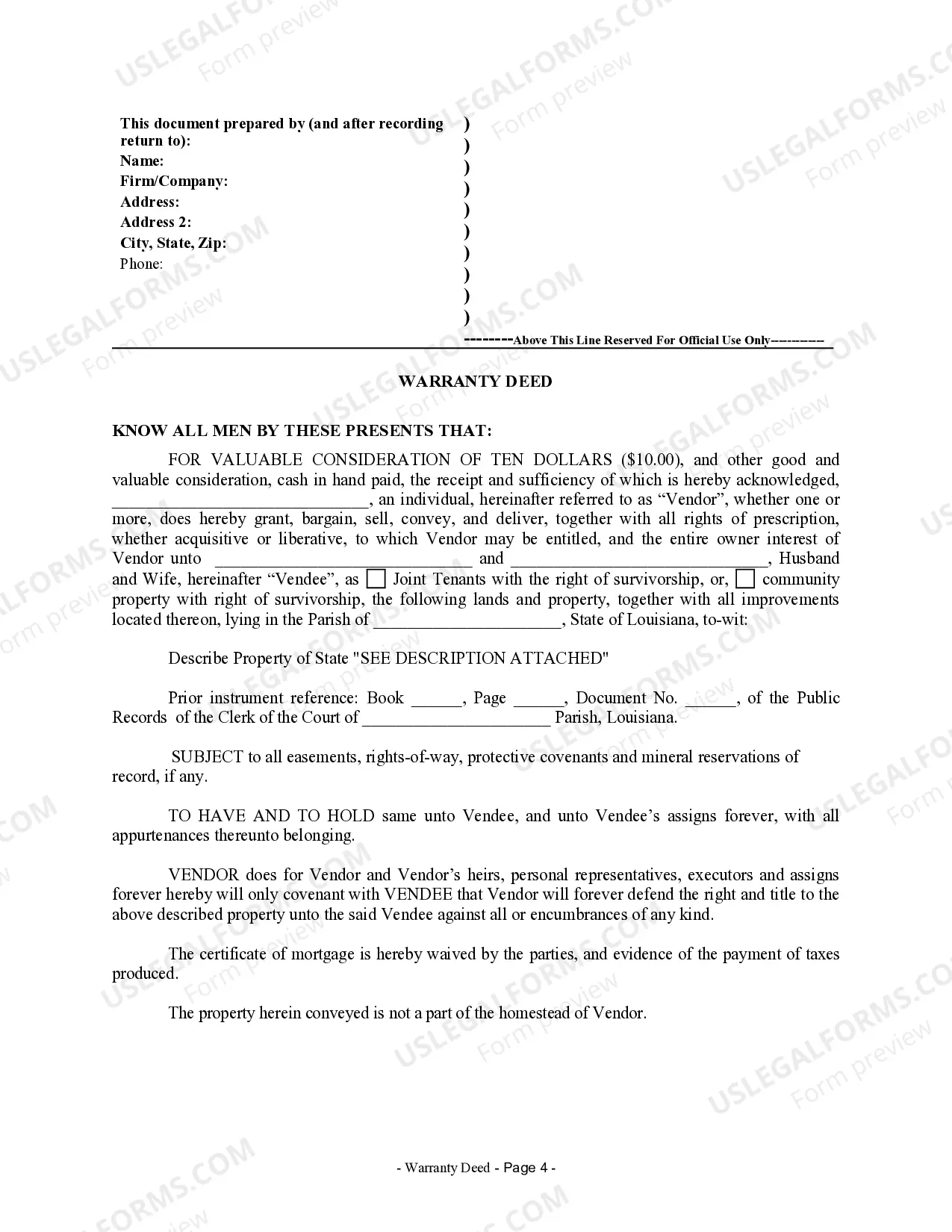 Preview Warranty Deed to Separate Property of one Spouse to both as Joint Tenants or as Community Property with Right of Survivorship