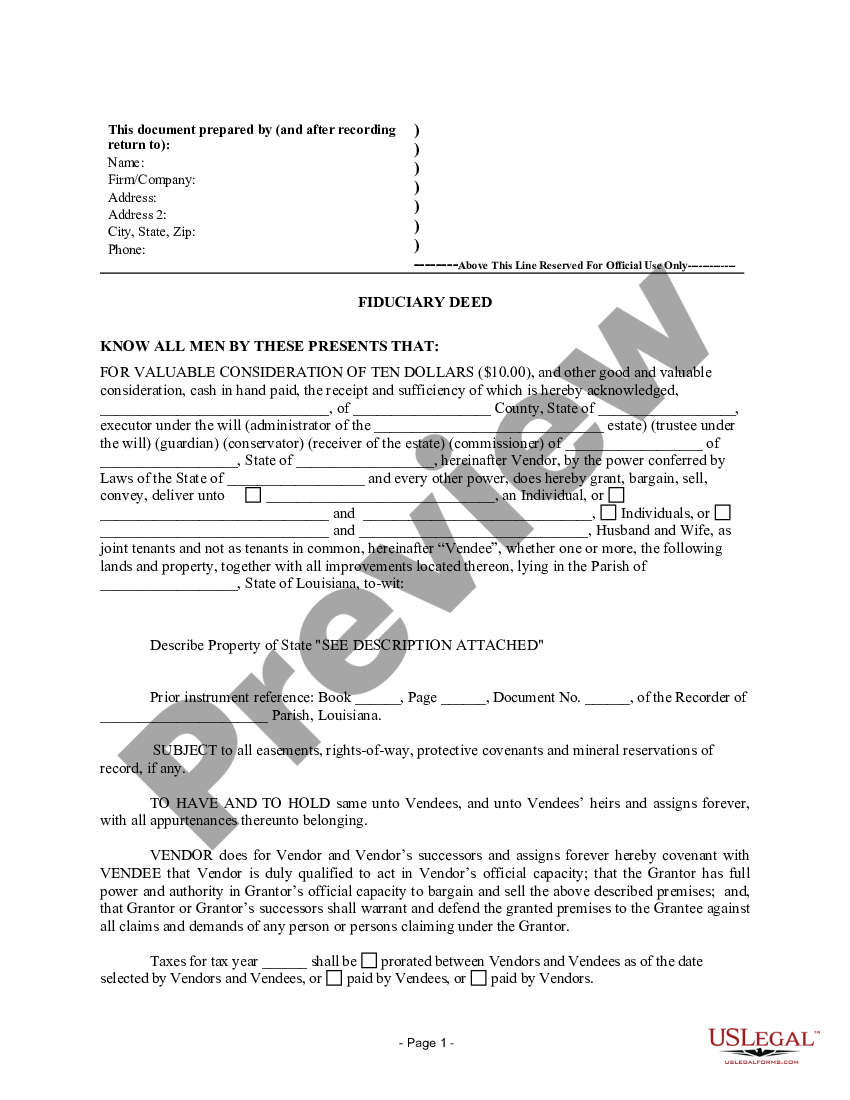 Louisiana Fiduciary Deed For Use By Executors Trustees Trustors Administrators And Other 5284