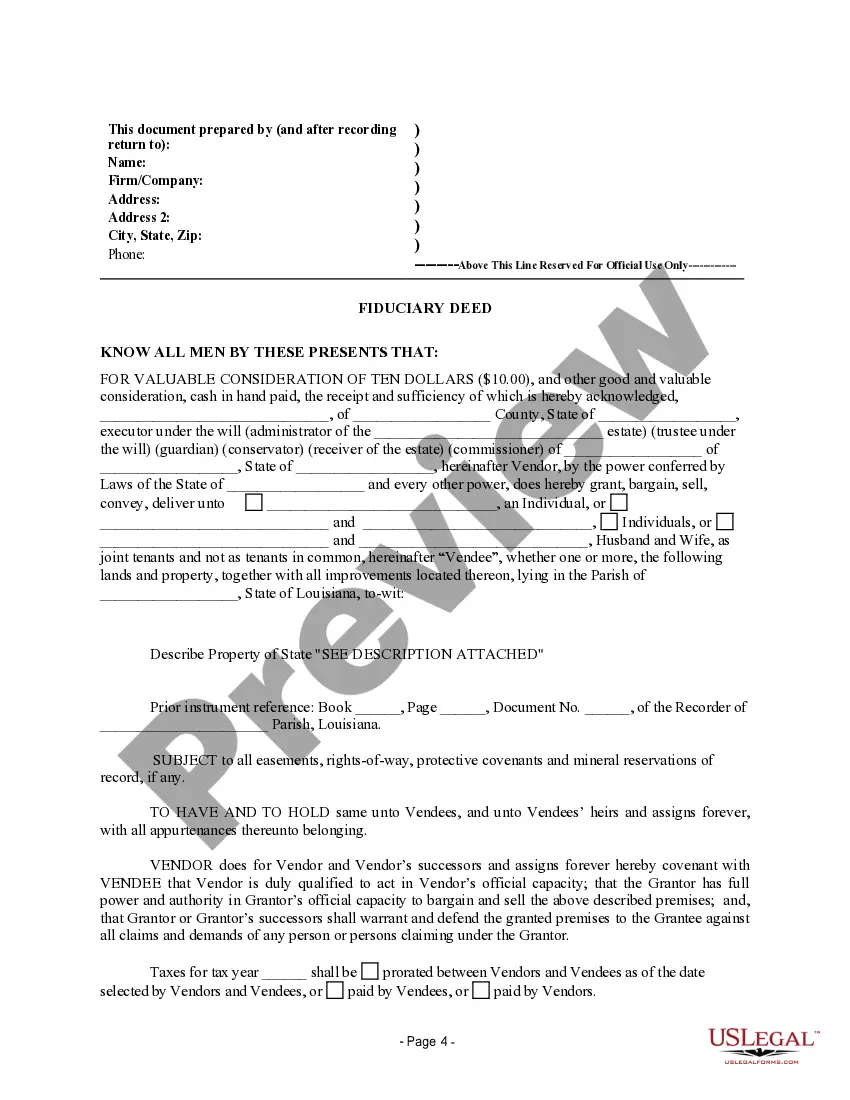 Preview Fiduciary Deed for use by Executors, Trustees, Trustors, Administrators and other Fiduciaries
