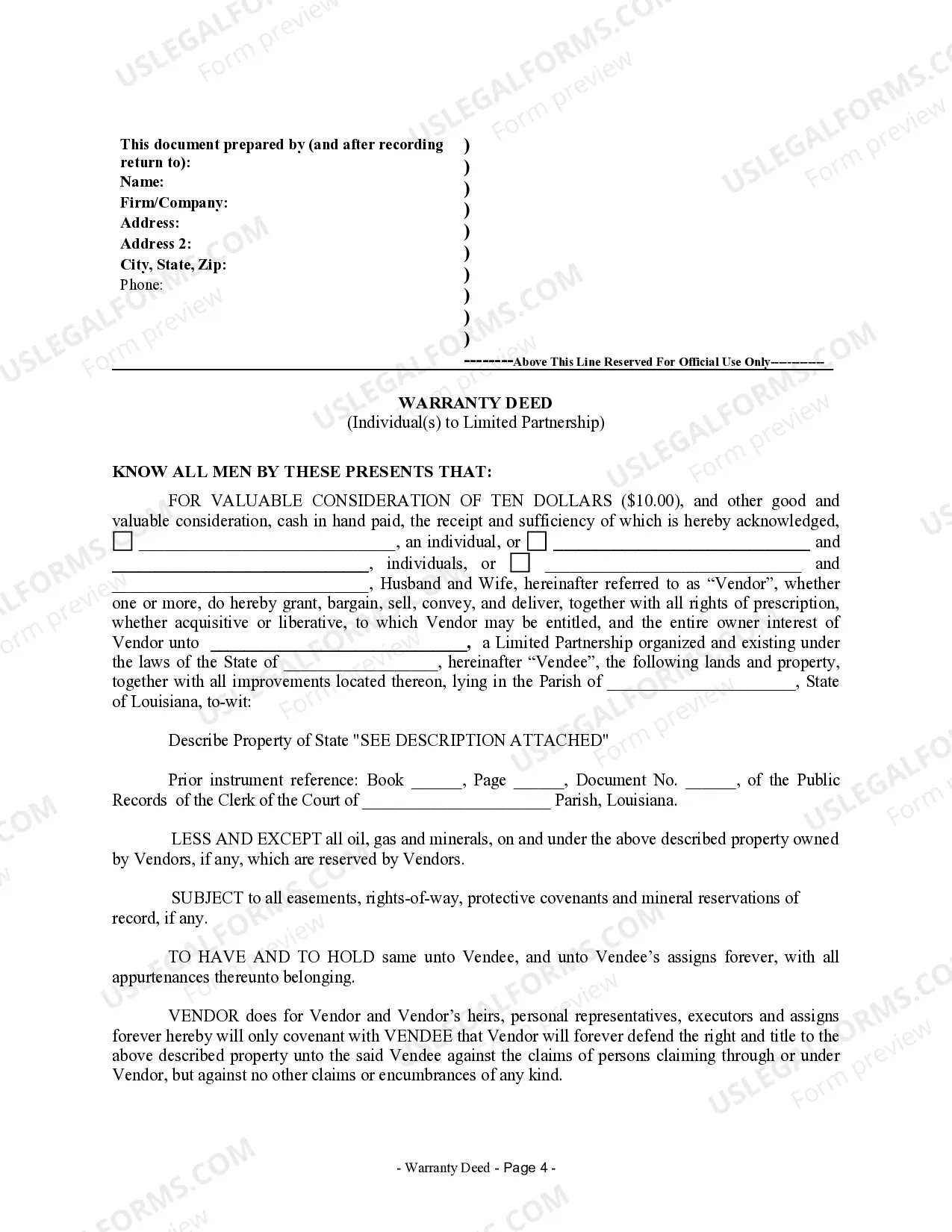 Preview Warranty Deed from Limited Partnership or LLC is the Vendor, or Vendee