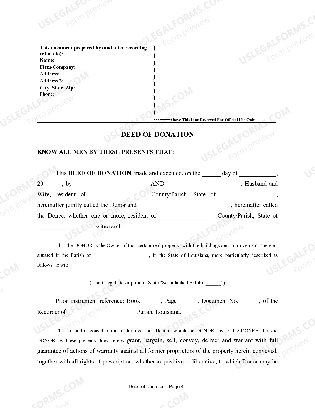 Preview Warranty Deed for Donation - Husband and Wife to Individual