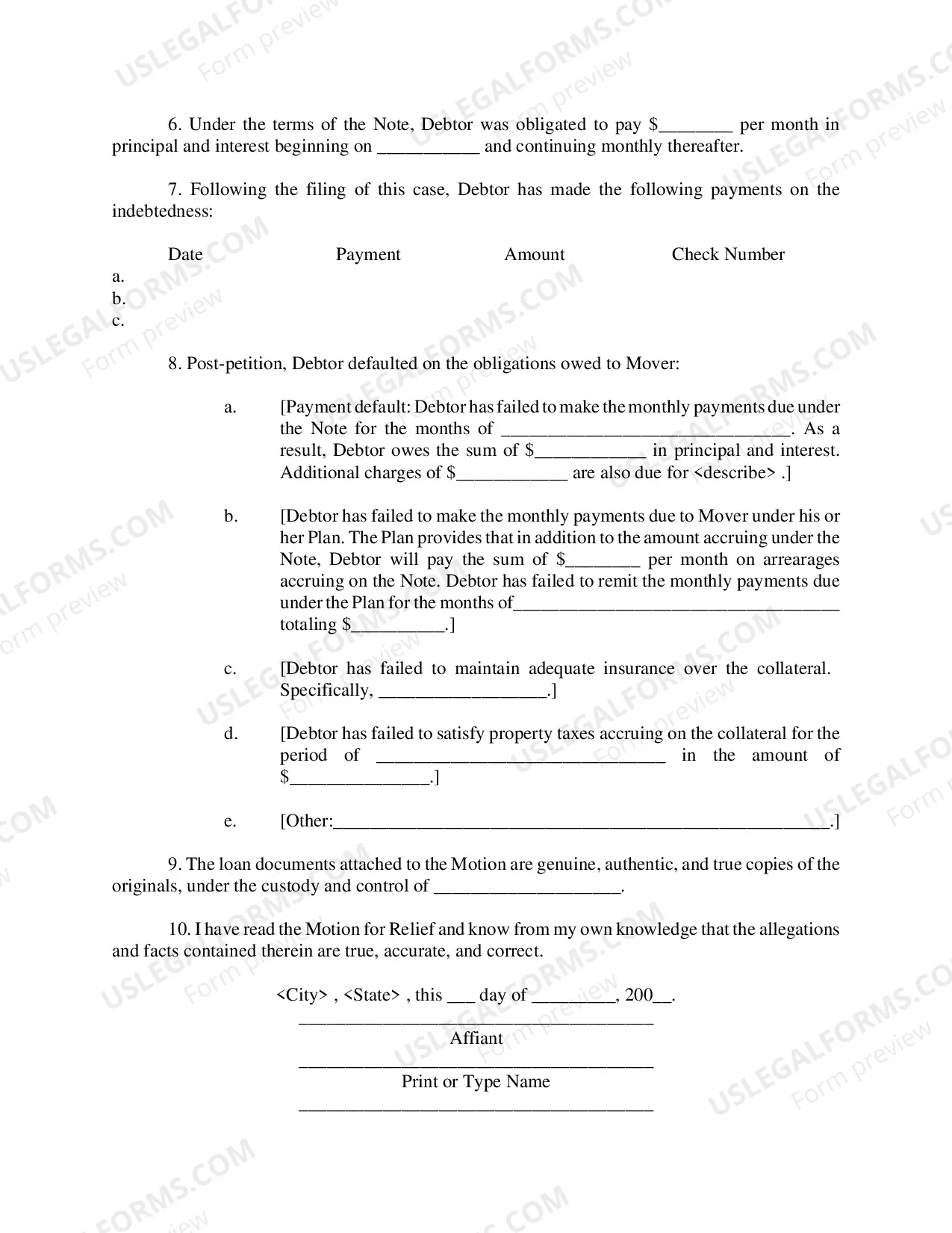 Preview Motion for Relief from Stay Affidavit