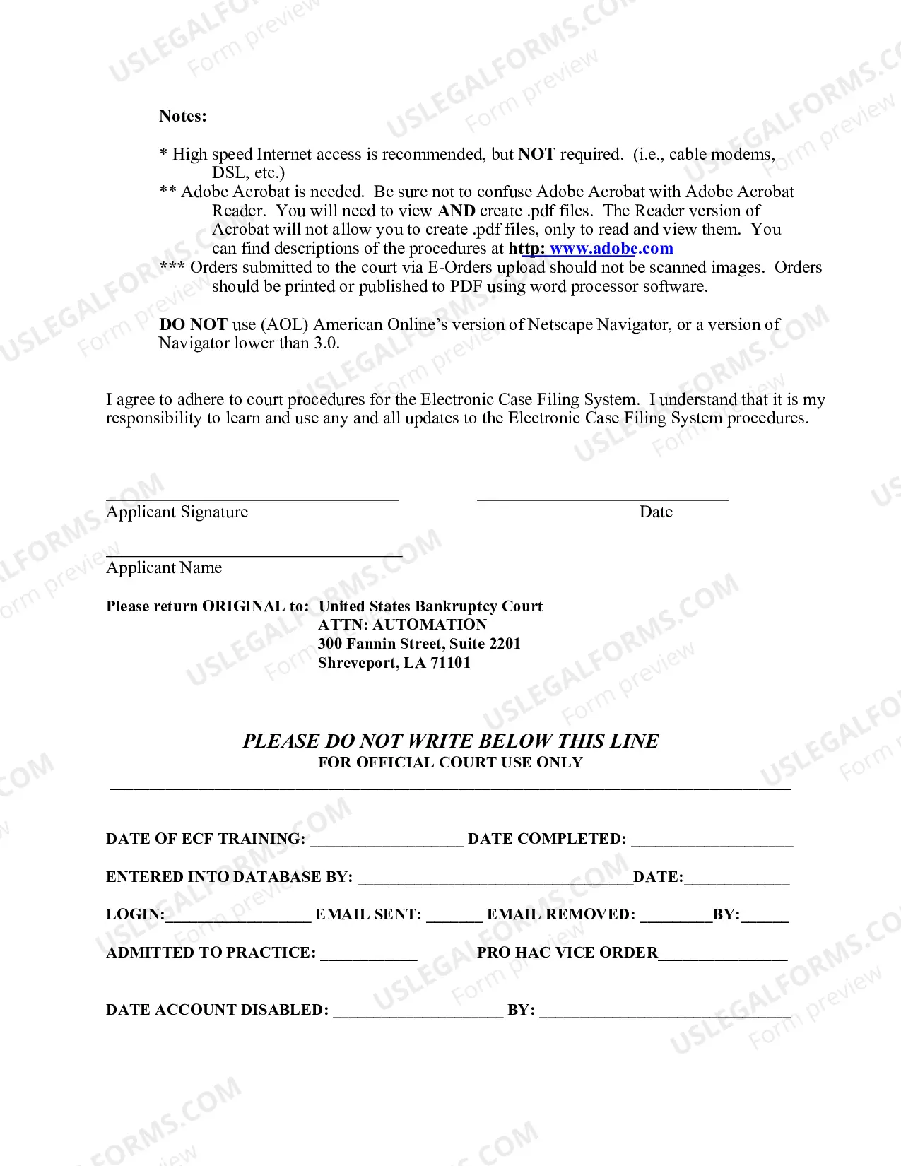 Preview Application For Use of Electronic Case Filing System Attorney Or Trustee Only