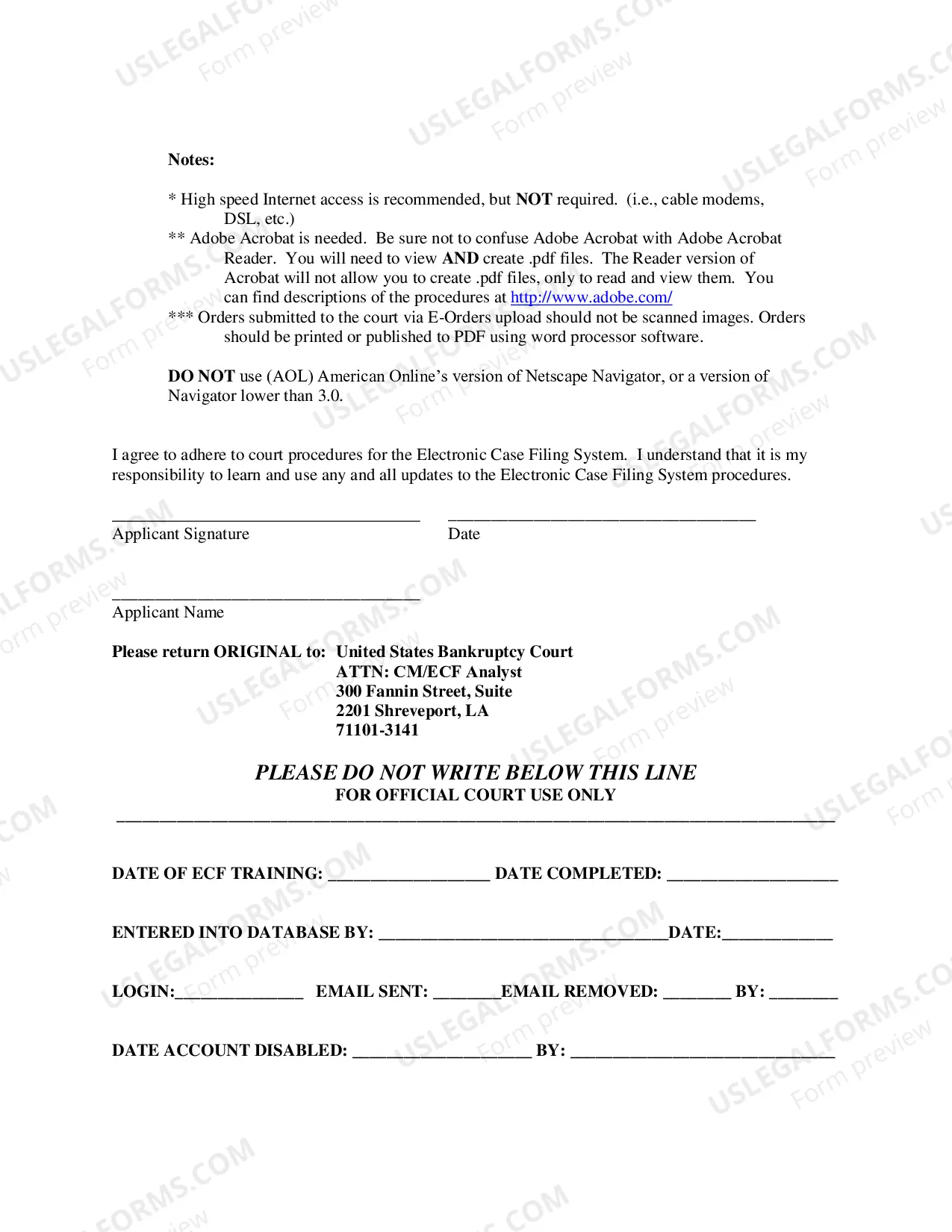 Preview Application For Use of Electronic Case Filing System Creditor Or Limited Filer Only