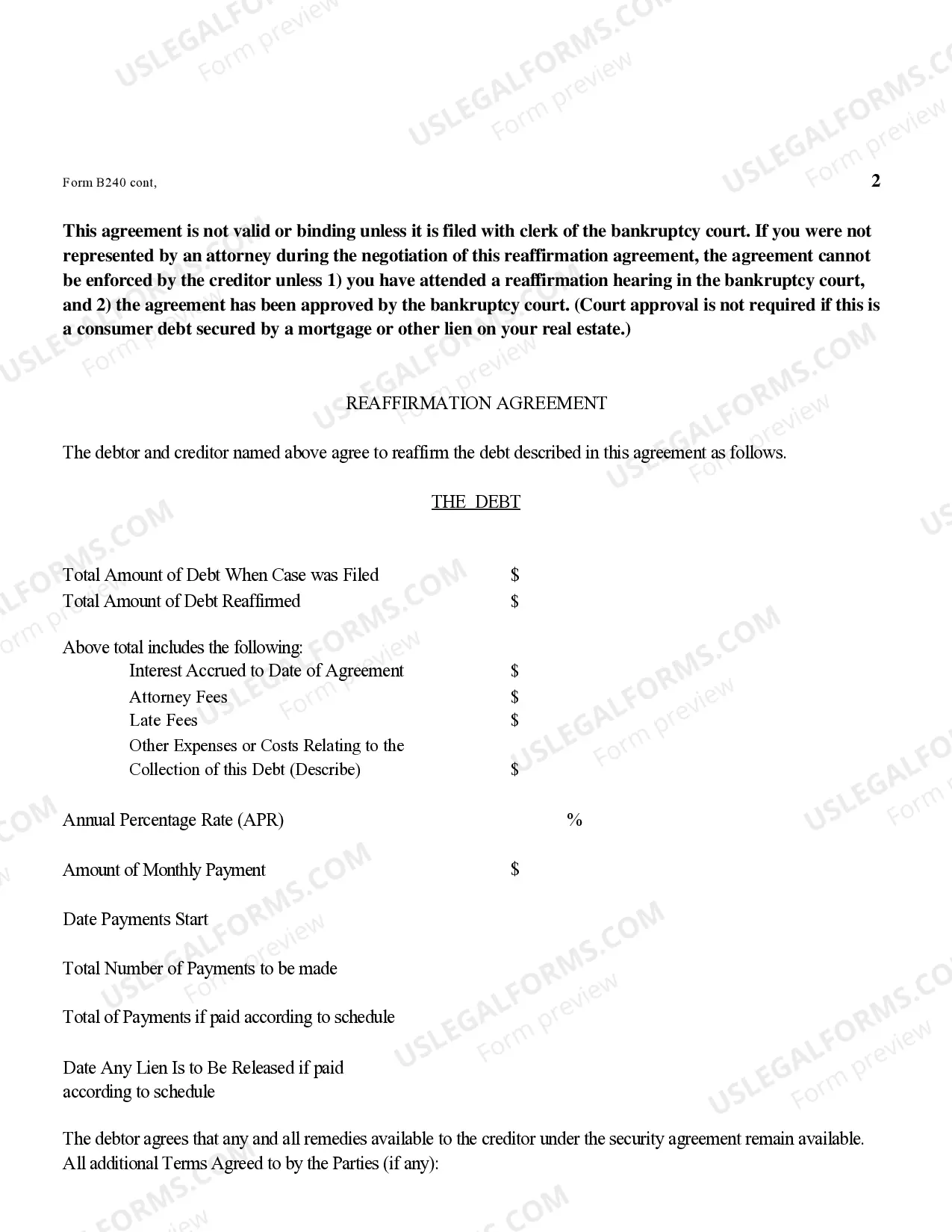 Preview Reaffirmation Agreement (B240) Cases Filed Prior to 10/17/2005