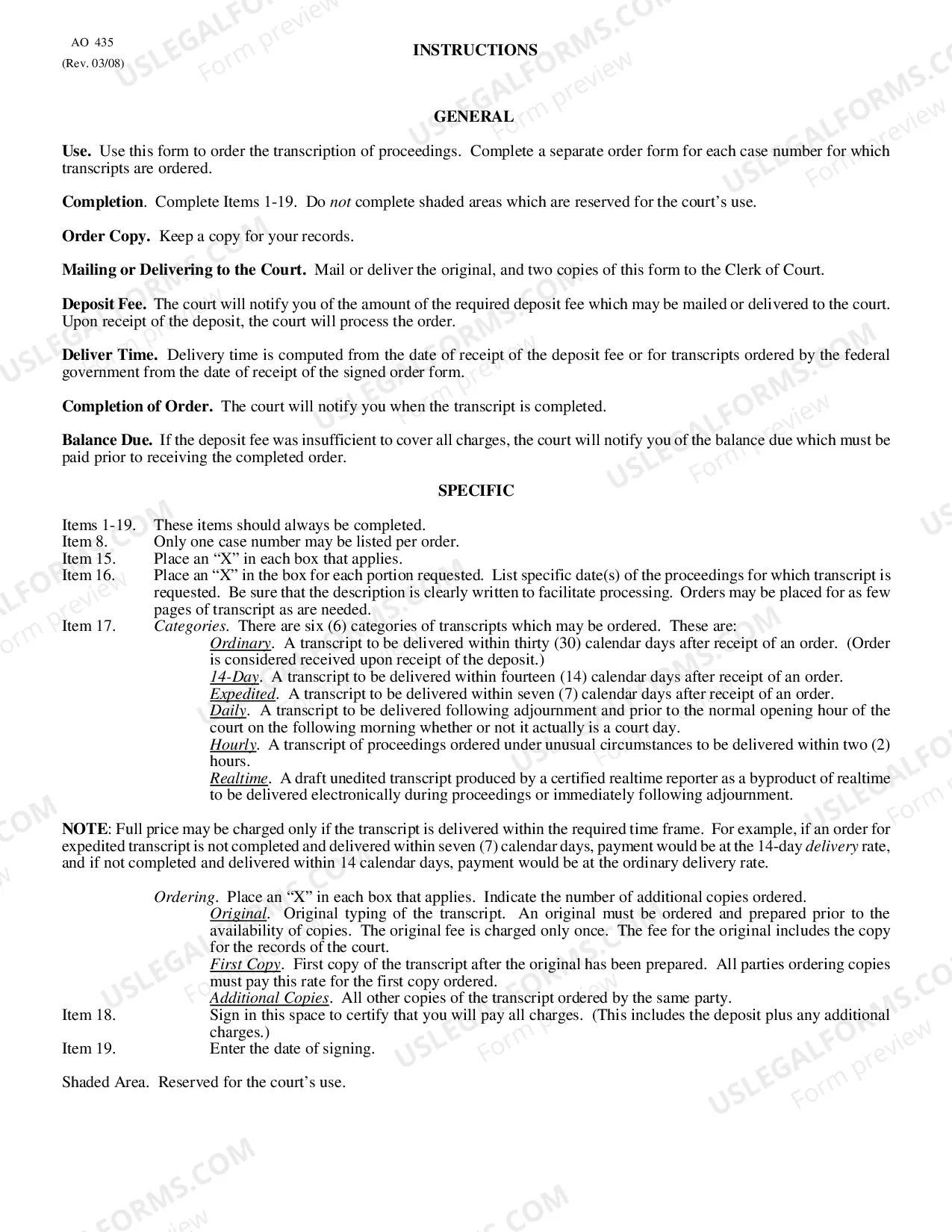 Preview Transcript Order Form (AO 435)
