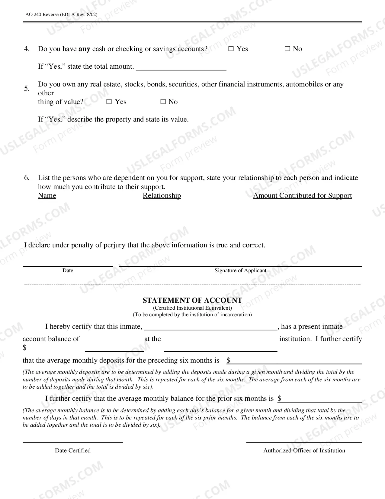 Preview Application to Proceed IFP with Prison Account Information