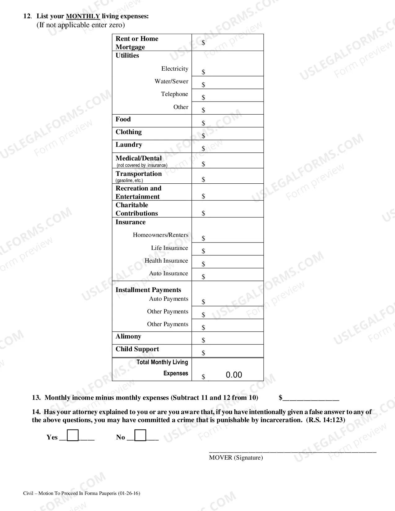 Preview Motion to Proceed In Forma Pauperis